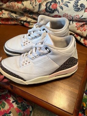 Jordan Women’s White Leather Sneakers with Pink Accents and Elephant Print